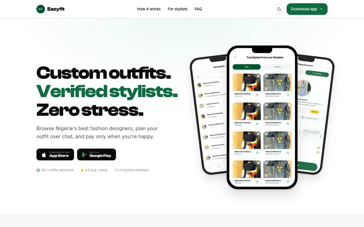 The Eazyfit website: custom outfits from verified stylists, with the app on three phones